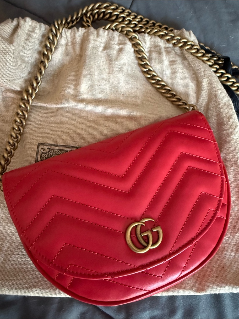 Gucci Red Chevron Matelassé Half-Moon Shoulder Bag with Antique Gold Chain